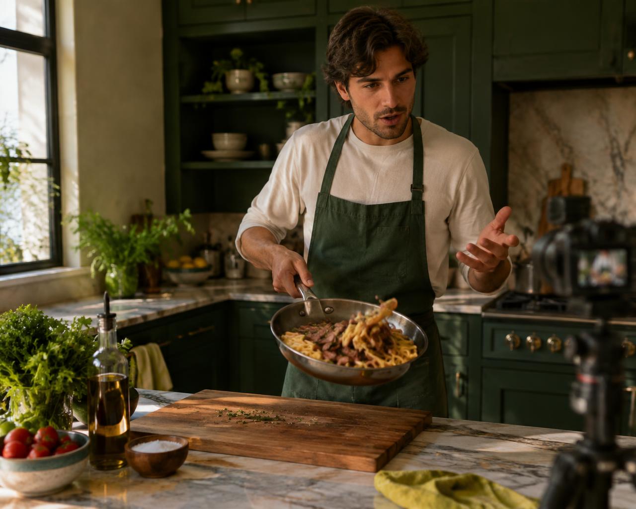 Creator cheffing up pasta with steak while filming a video in his kitchen