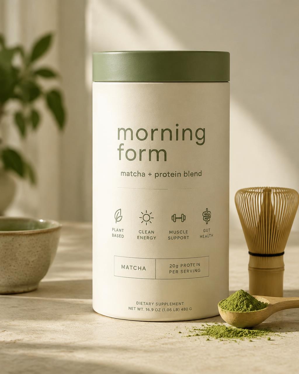 MORNING FORM Matcha + protein blend concept packaging, fictional product