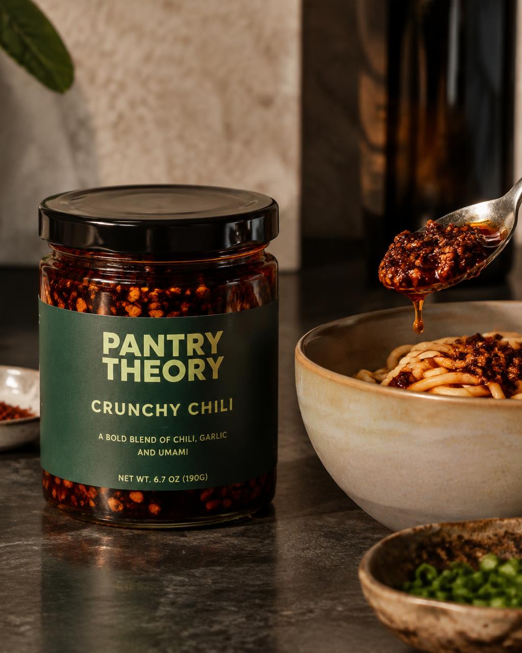 PANTRY THEORY Crunchy chili condiment concept packaging, fictional product
